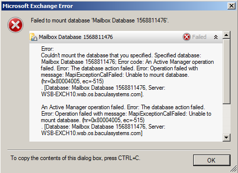 Exchange Message after Database Mount Failure