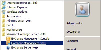 Microsoft Exchange Management Shell in the Start Menu