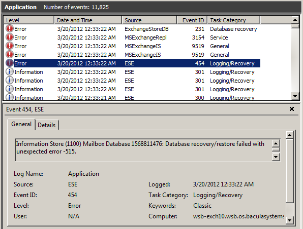 Application Log Messages after Database Mount Failure