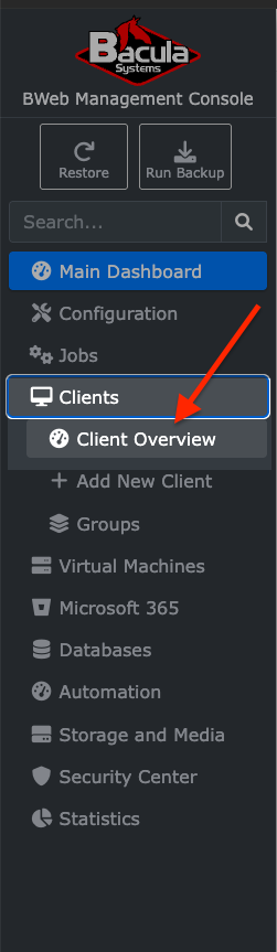 Client Overview in the BWeb navigation menu.