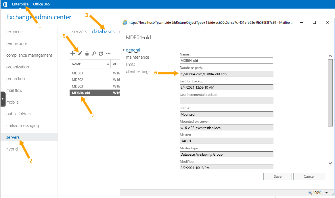 Database Path in ``Exchange Administrative Center``