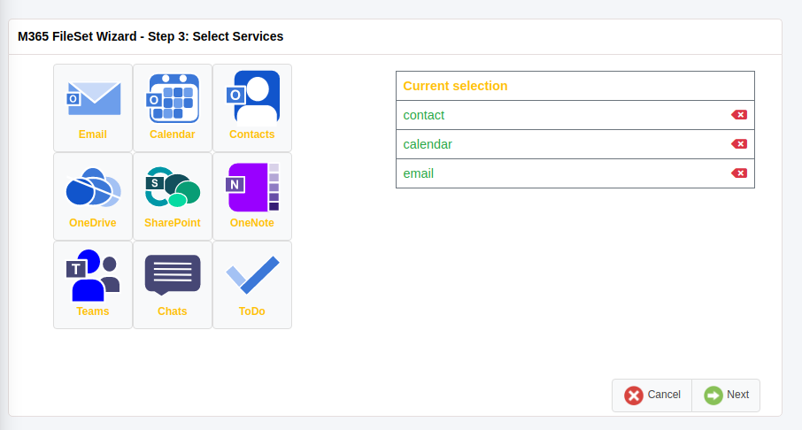 Fileset wizard select services