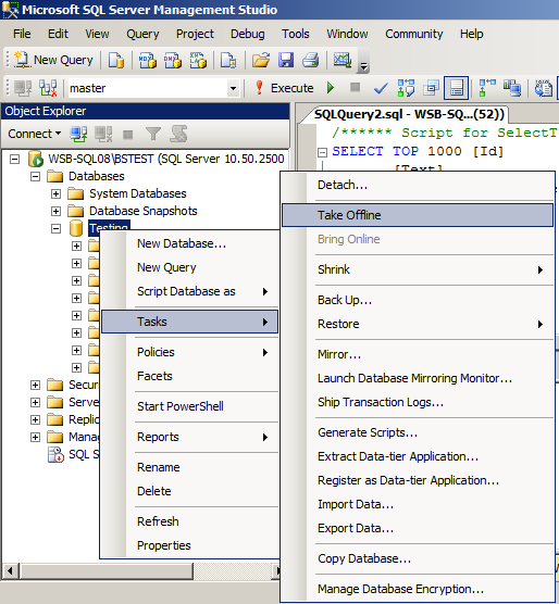 Off-Line a Database in SQL Server Management Studio